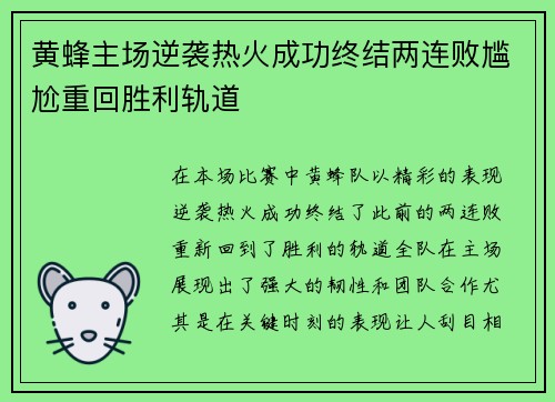 黄蜂主场逆袭热火成功终结两连败尴尬重回胜利轨道